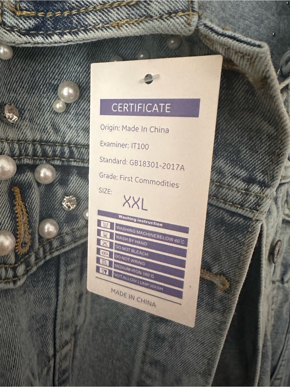 Women’s Pearl-Embellished Light Blue Denim Jacket - Picture 2 of 5
